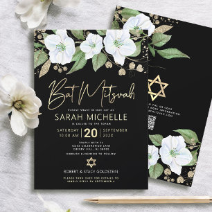 QR-Code Bat Mitzvah Schwarz Gold Floral Schrift Mä Einladung
