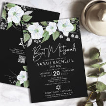 QR-Code Bat Mitzvah Schwarz Silber Floral Schriftz