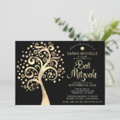 QR-Code Bat Mitzvah Schwarzer Goldene Tree von Lif Einladung (Stehend Vorderseite)