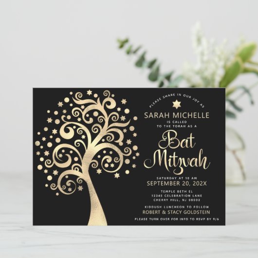 QR-Code Bat Mitzvah Schwarzer Goldene Tree von Lif Einladung (Stehend Vorderseite)