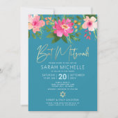 QR-Code Bat Mitzvah Turquoise Floral Gold Script Einladung (Vorderseite)