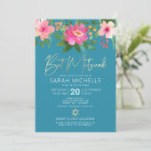 QR-Code Bat Mitzvah Turquoise Floral Gold Script Einladung (Stehend Vorderseite)