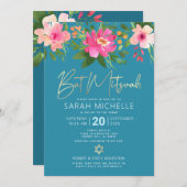 QR-Code Bat Mitzvah Turquoise Floral Gold Script Einladung (Vorne/Hinten)