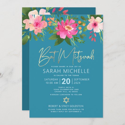 QR-Code Bat Mitzvah Turquoise Floral Gold Script Einladung (Vorne/Hinten)