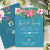 QR-Code Bat Mitzvah Turquoise Floral Gold Script Einladung