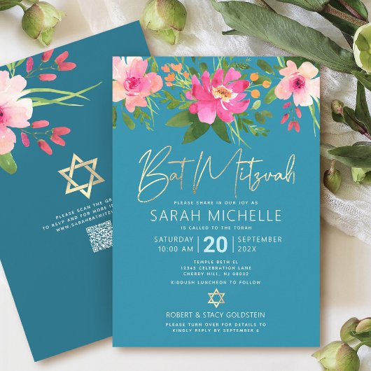 QR-Code Bat Mitzvah Turquoise Floral Gold Script Einladung