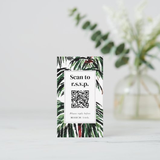 QR Code Beach Hochzeit UAWG bemalten Palmen Bäume Begleitkarte (Stehend Vorderseite)