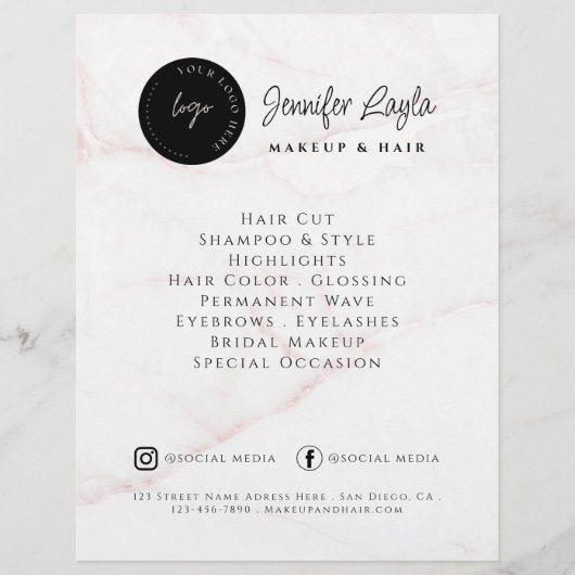 QR Code Beauty Salon Custom Logo Pink Marble Flyer (Vorne)