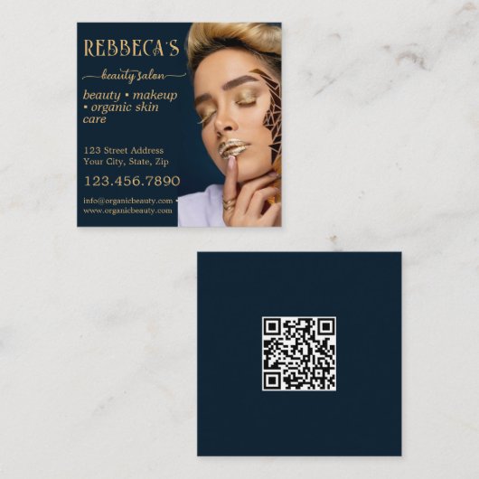 QR Code Beauty Salon Foto Business Quadratische Visitenkarte (Vorne/Hinten)