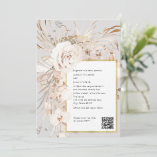QR-Code, beige elegante Hochzeit mit floralen Aqua Einladung