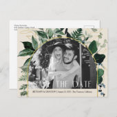 QR-Code, Beige Greenery Hochzeitssemble Foto rett Ankündigungspostkarte (Vorne/Hinten)