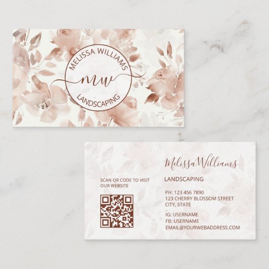 QR-Code | Beige Wasserfarbe Rosen | Logo Visitenkarte (Vorne/Hinten)