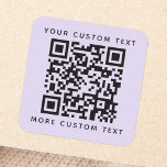 QR-Code benutzerdefinierte Text oben in der untere Quadratischer Aufkleber<br><div class="desc">Leichte lila, quadratische Aufkleber mit QR-Code und benutzerdefiniertem Text, eine Zeile oben und eine Zeile unten. Ändern Sie Schriftart und Farben, verschieben und verändern Sie Elemente mit dem Entwurfstool. NACHRICHT! SIE MÜSSEN DIE QR-CODEVORLAGE DURCH IHREN EIGENEN QR-CODE ERSETZEN! Folgen Sie uns auf Facebook: @business stationery oder Instagram: @business.perfect custom for...</div>