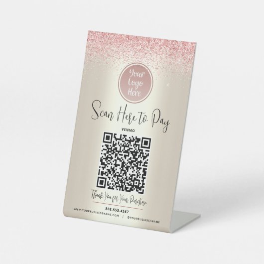 QR-Code Benutzerdefiniertes Logo Rosa Glitzer Beza Sockelschild (Vorderseite)