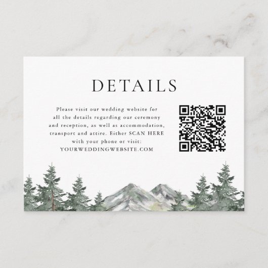 QR Code Bergkiefernbaum Hochzeitdetails Begleitkarte (Vorderseite)