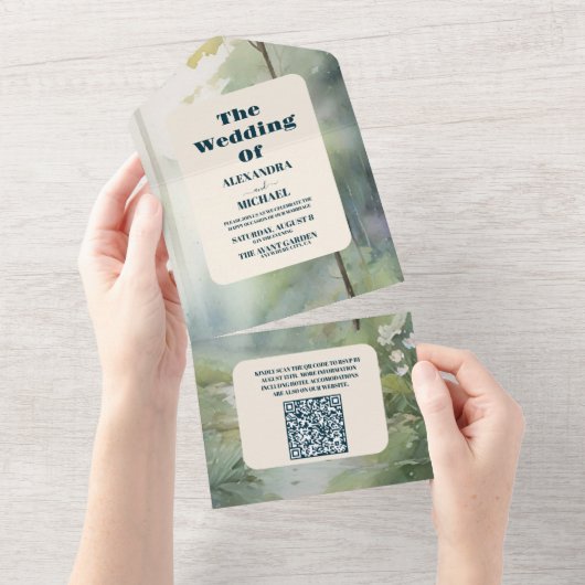 QR Code Bergwald Elegante Rustikale Hochzeit All In One Einladung (Abreißen)