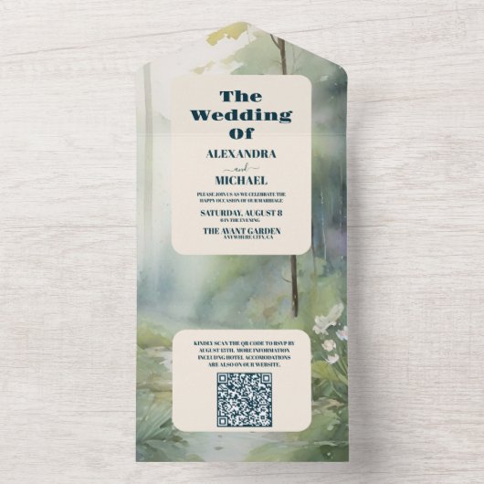 QR Code Bergwald Elegante Rustikale Hochzeit All In One Einladung (Innen Boden)