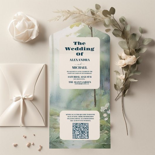 QR Code Bergwald Elegante Rustikale Hochzeit All In One Einladung