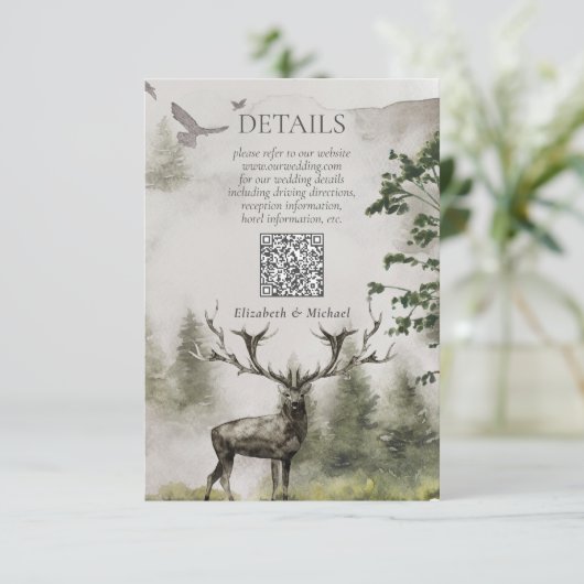 QR Code Bergwald Rustikale Hochzeitdetails Begleitkarte (Stehend Vorderseite)