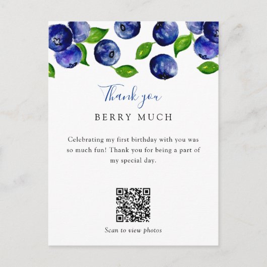 QR Code Berry First Birthday Blueberry Vielen Dank Postkarte (Vorderseite)