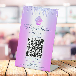 QR-Code Bezahlen Sie hier Lila Cupcake Glitter Bäc Sockelschild