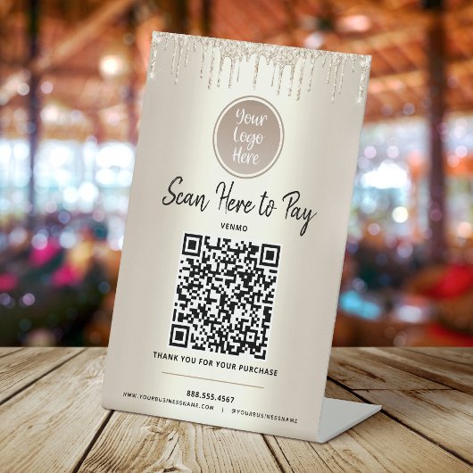 QR Code Bezahlung hier Gold Glitzer Tropfen Benutz Sockelschild