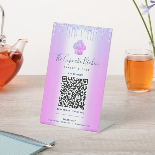 QR-Code Bezahlung hier Lila Cupcake Glitzer Bäcker Sockelschild (In SItu)