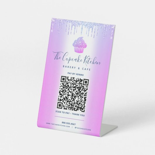 QR-Code Bezahlung hier Lila Cupcake Glitzer Bäcker Sockelschild (Vorderseite)