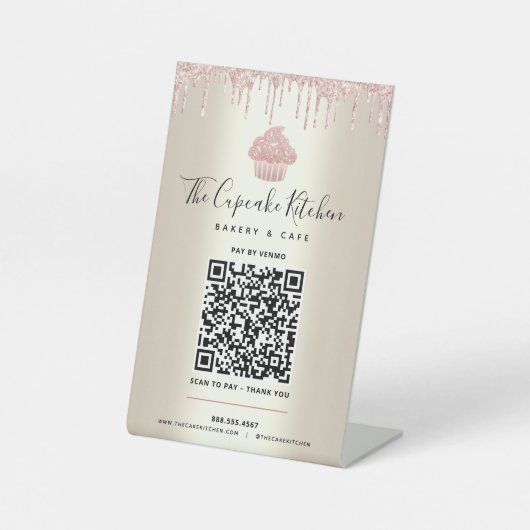 QR Code Bezahlung hier Rosa Cupcake Glitzer Gold B Sockelschild (Vorderseite)