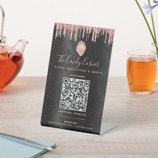 QR Code Bezahlung hier Rosa Erdbeeren Glitzer Schw Sockelschild (In SItu)