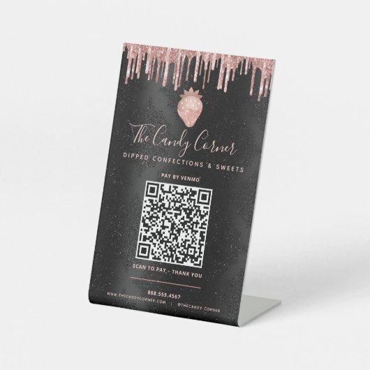 QR Code Bezahlung hier Rosa Erdbeeren Glitzer Schw Sockelschild (Vorderseite)