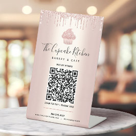 QR Code Bezahlung hier Rose Gold Cupcake Glitzer B Sockelschild