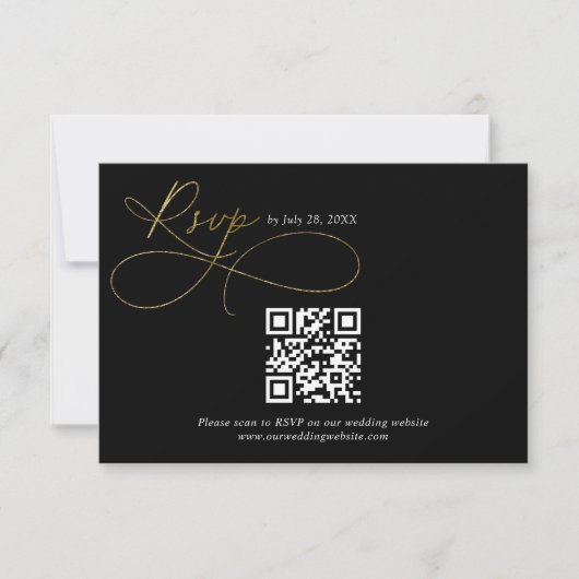 QR Code Black and Gold Script Calligraphy Wedding RSVP Karte (Vorderseite)