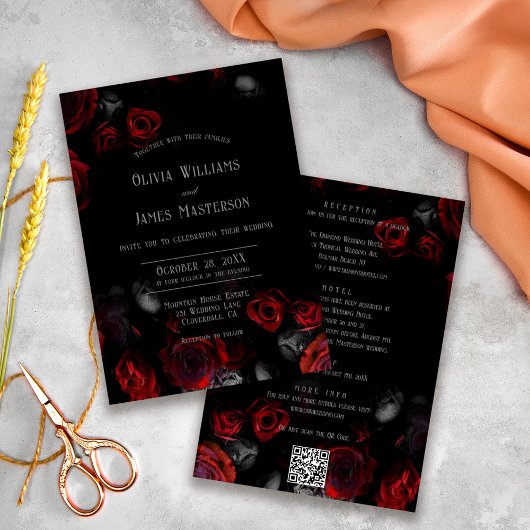 QR Code Black and Red Floral All in One Wedding Einladung