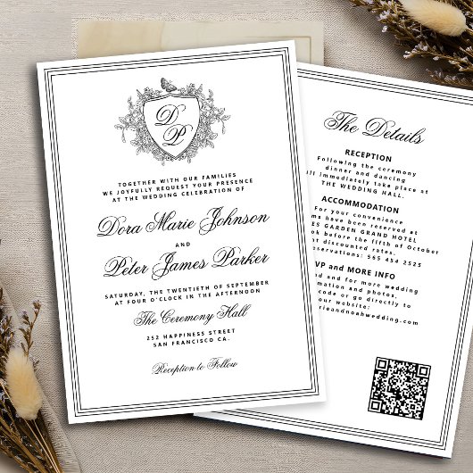 QR code black and white crest monogram wedding Einladung