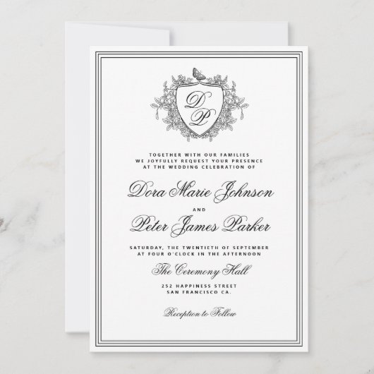 QR code black and white crest monogram wedding Einladung (Vorderseite)