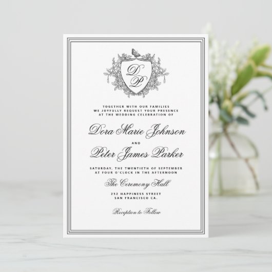 QR code black and white crest monogram wedding Einladung (Stehend Vorderseite)