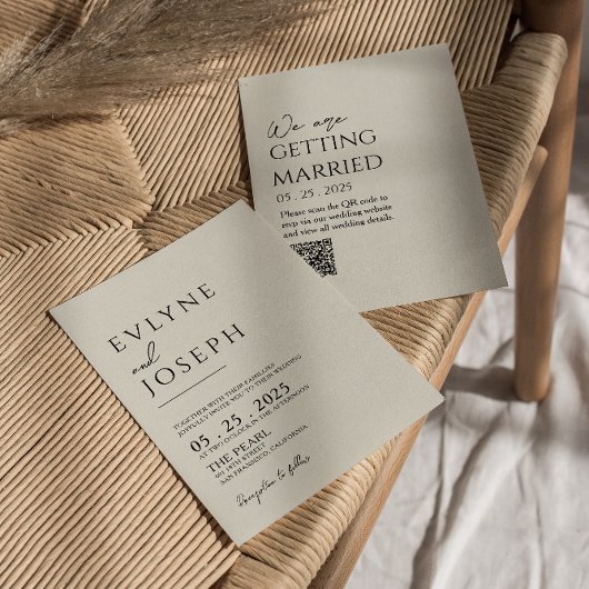 QR Code Black & Beige Boho Neutrale Hochzeit Einladung