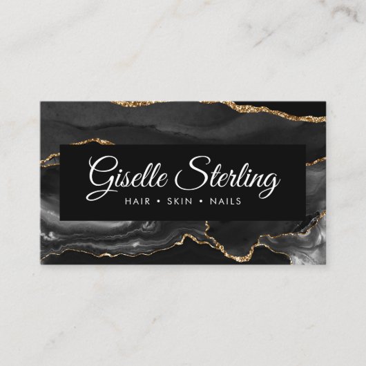 QR Code Black Gold Agate Eleganter Luxus Visitenkarte (Vorderseite)