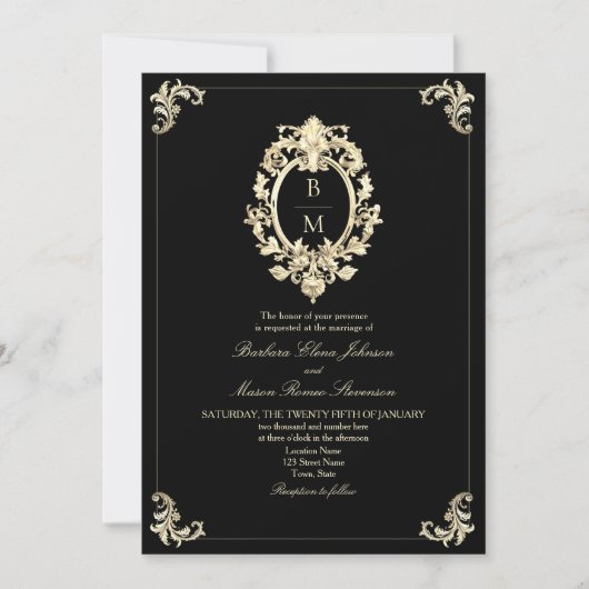 QR Code Black Gold Baroque Monogram Wedding Einladung (Vorderseite)
