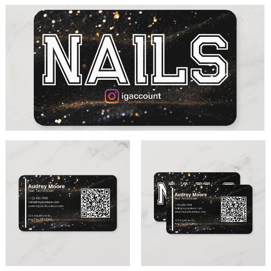 QR Code Black Gold Beruflich Nail Tech Visitenkarte