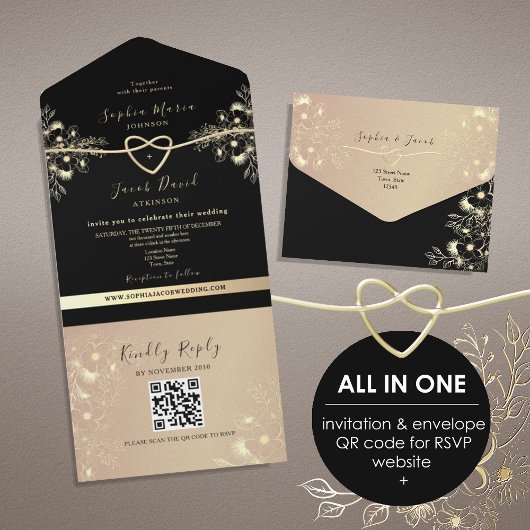 QR Code Black Gold Floral Wedding All In One Einladung