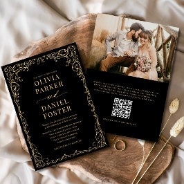 QR Code Black Gold Foto Minimalistische Hochzeit Einladung