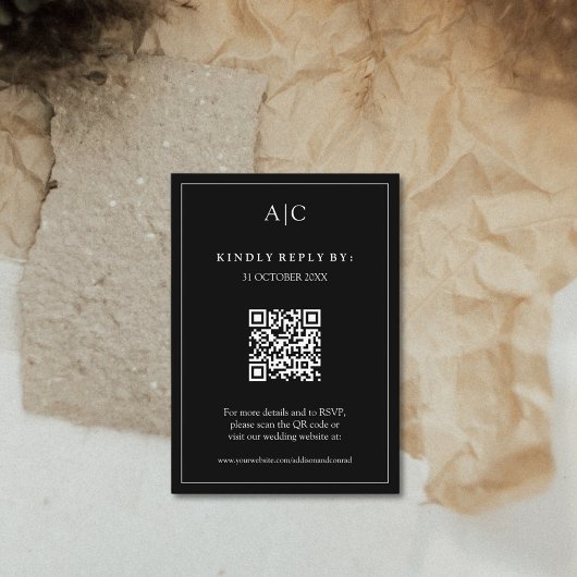 QR Code Black Monogram Wedding RSVP Begleitkarte