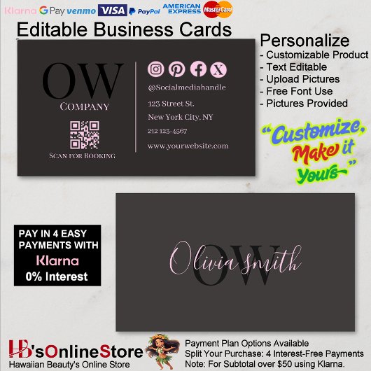QR Code Black Pink Elegant Initial Social Media Visitenkarte