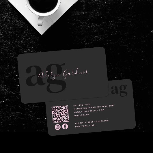 QR Code Black Pink Monogram Script Social Media Visitenkarte