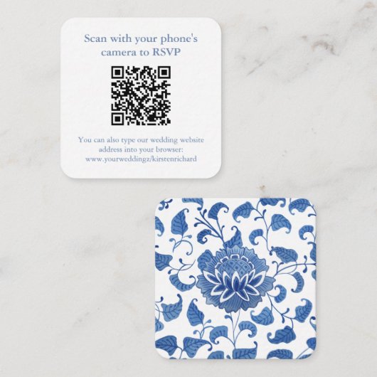 QR-Code Blau-Chinesisch-Vase-Hochzeit RSVP Begleitkarte (Vorne/Hinten)