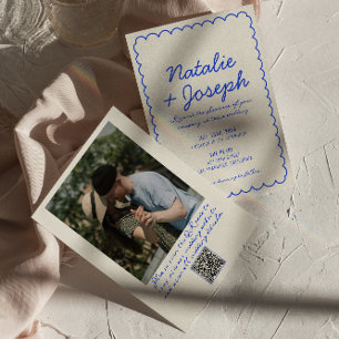 QR-Code Blau Retro Lustige Whimsical Foto-Hochzeit Einladung