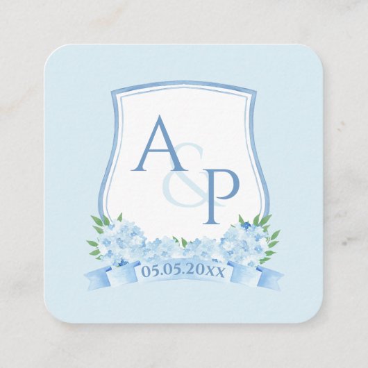 QR-Code Blau und Weiß-Monogramm-Wappen HochzeitsrS Begleitkarte (Rückseite)