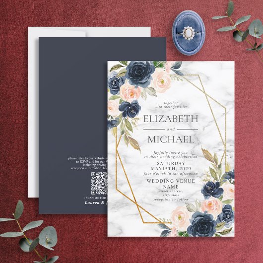 QR Code Blue Blush Marble Geometric Floral Wedding Einladung